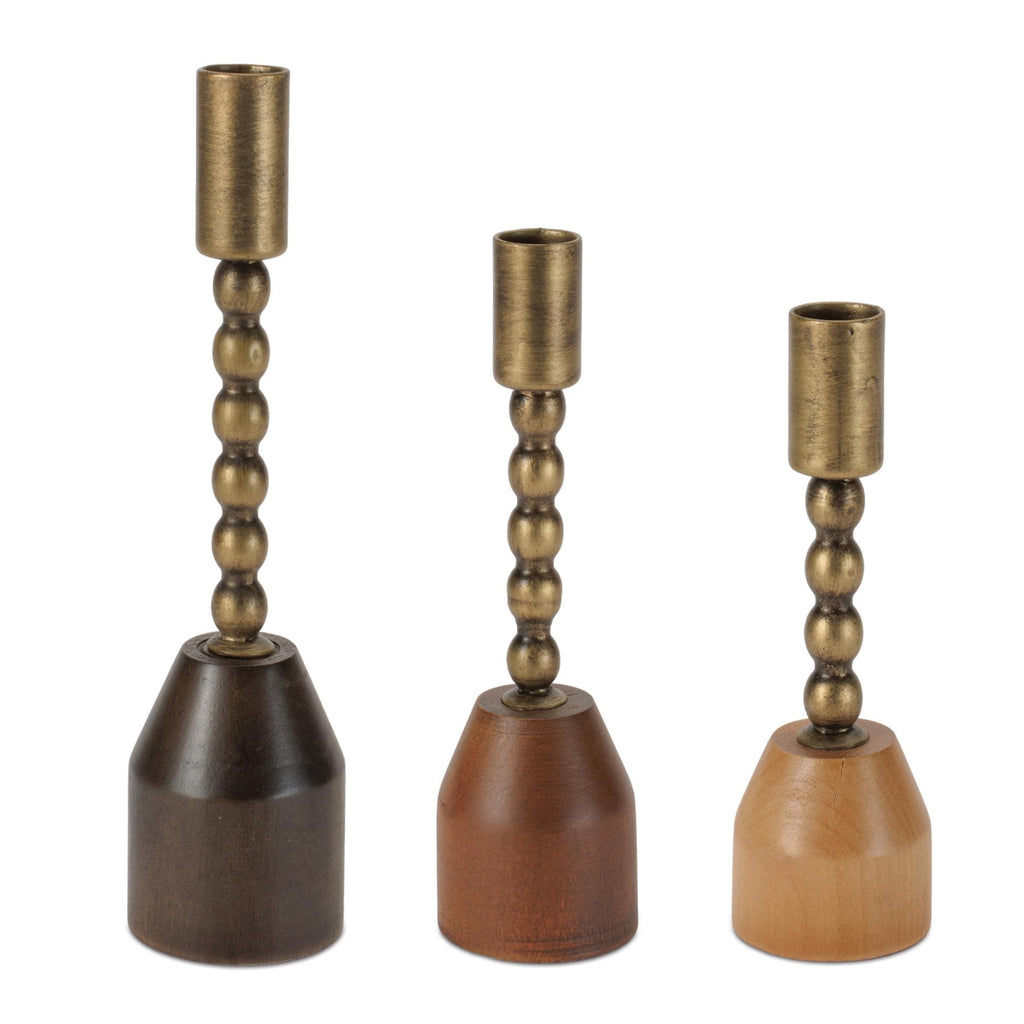 Modern Metal Taper Candle Holder with Birch Base (Set of 3)