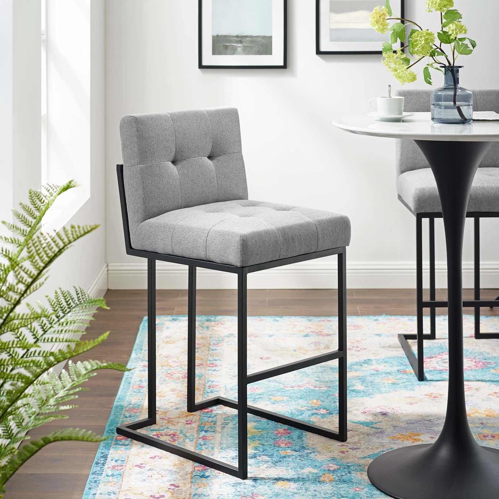 Privy Black Stainless Steel Upholstered Fabric Bar Stool by Modway