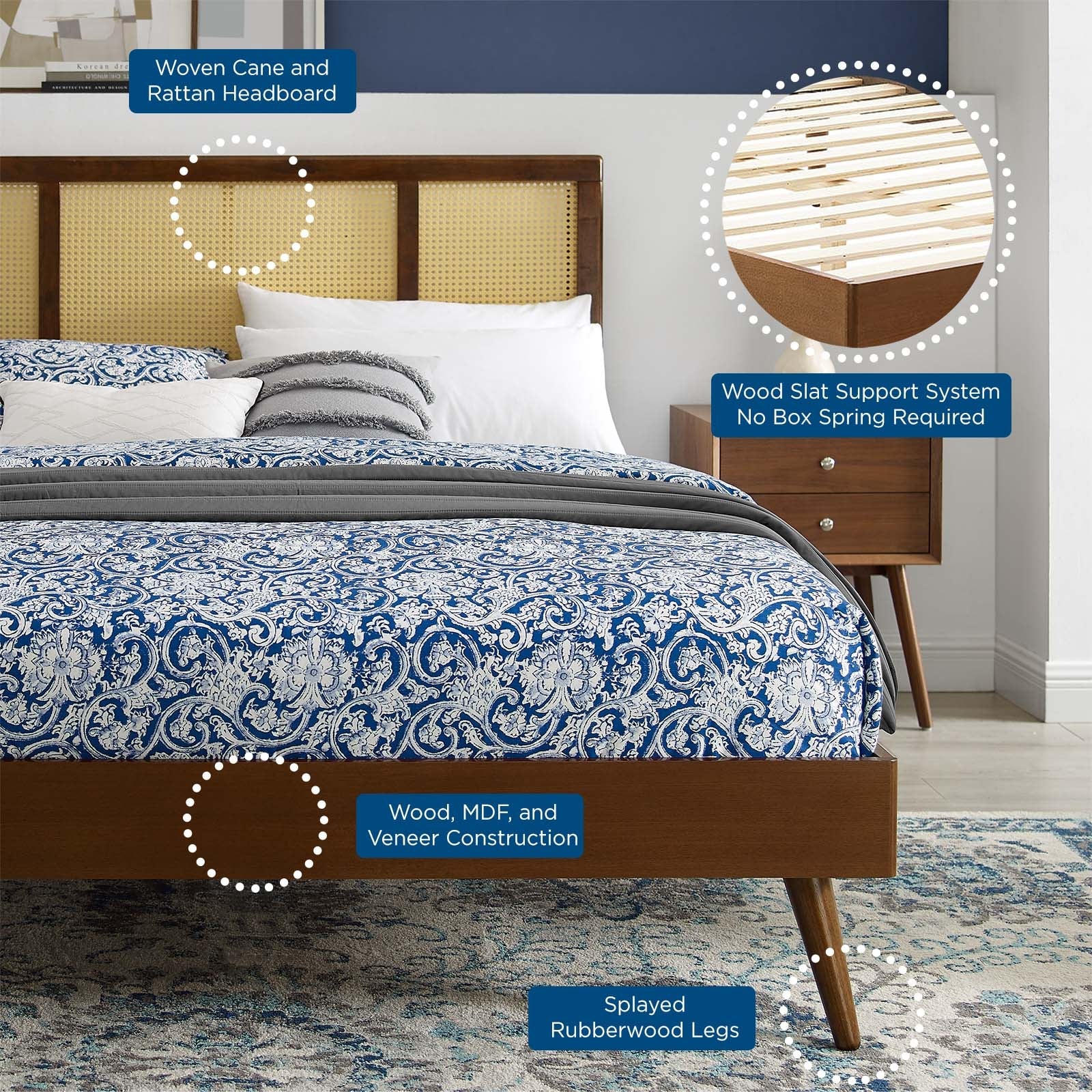 Kelsea Cane and Wood Full Platform Bed With Splayed Legs by Modway