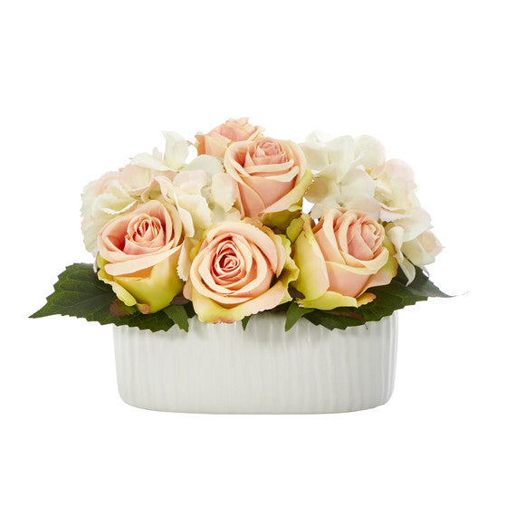 7" Rose and Hydrangea Artificial Arrangement in White Vase