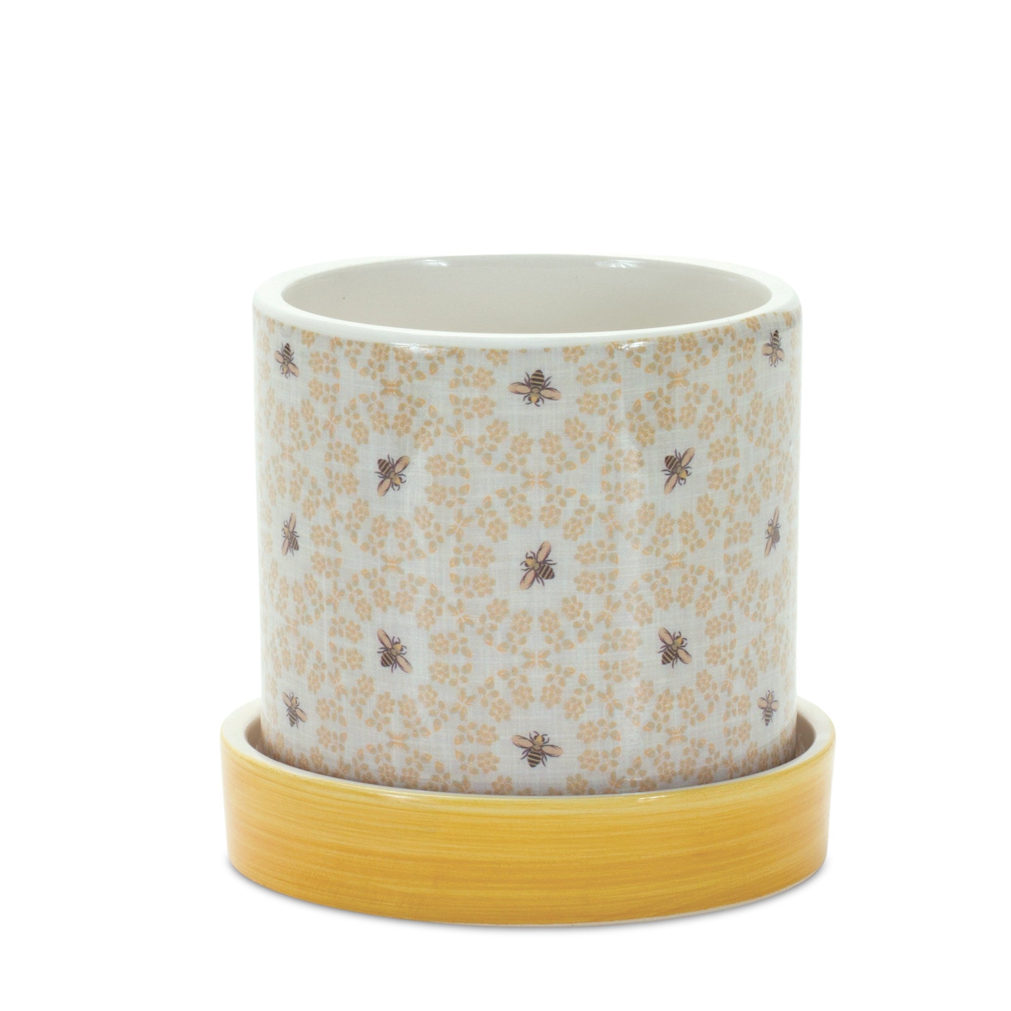 Stone Bumble Bee Striped Planter with Plate (Set of 2)