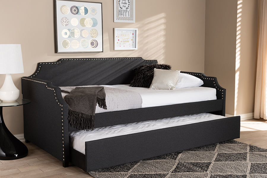 Baxton Studio Ally Modern and Contemporary Charcoal Fabric Upholstered Twin Size Sofa Daybed with Roll Out Trundle Guest Bed