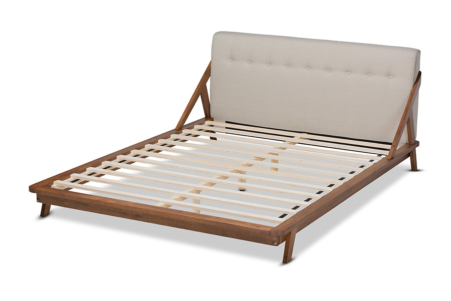 Baxton Studio Sante Mid-Century Modern Light Beige Fabric Upholstered Wood Queen Size Platform Bed