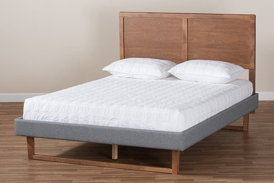 Baxton Studio Allegra Mid-Century Modern Dark Grey Fabric Upholstered and Ash Walnut Brown Finished Wood King Size Platform Bed