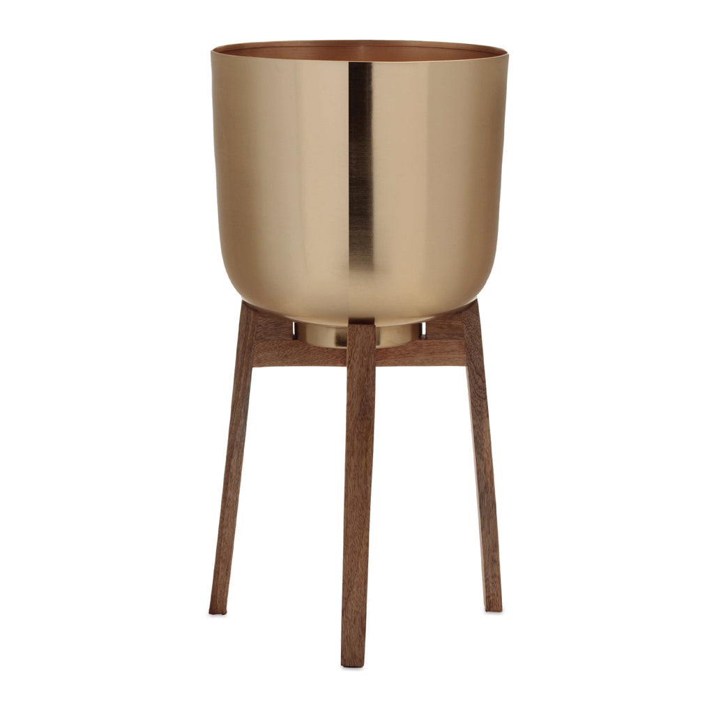 Round Metal Planter with Wooden Stand (Set of 2)