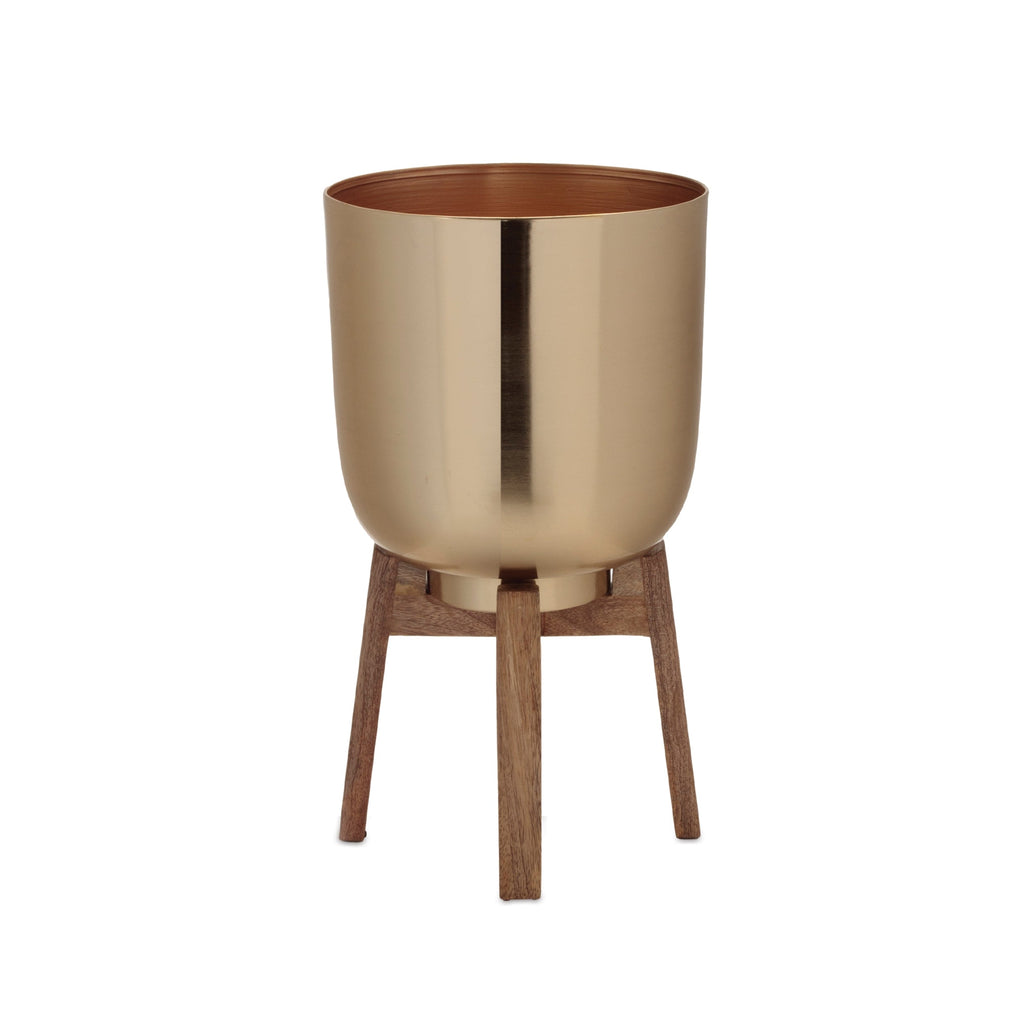 Round Metal Planter with Wooden Stand (Set of 2)