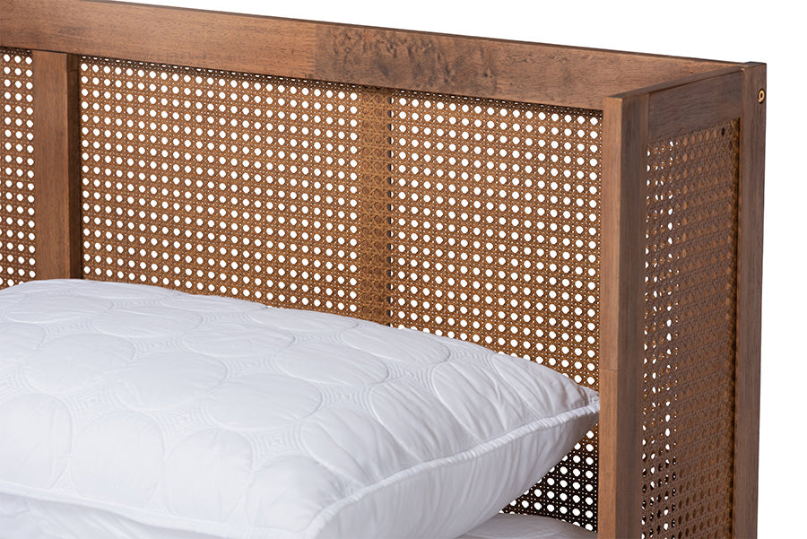 Baxton Studio Rina Mid-Century Modern Ash Wanut Finished Wood and Synthetic Rattan King Size Platform Bed with Wrap-Around Headboard