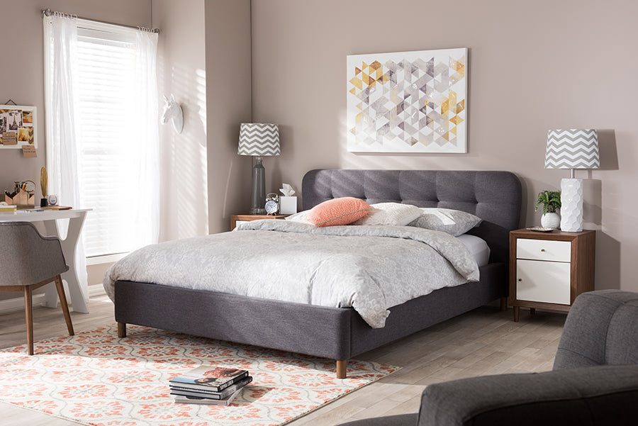 Baxton Studio Germaine Mid-Century Modern Dark Grey Fabric King Size Grid-Tufting Platform Bed