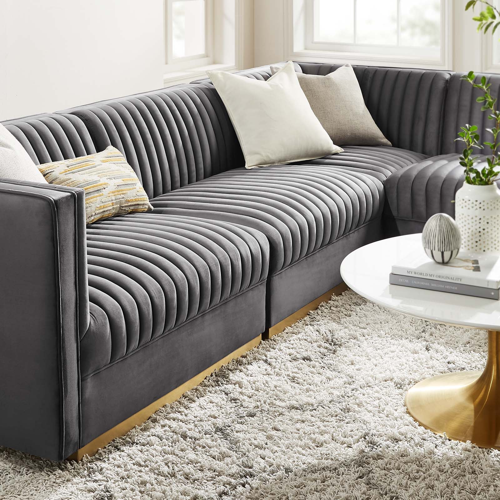Sanguine 4-Piece Channel Tufted Performance Velvet Right-Facing Modular Sectional Sofa by Modway