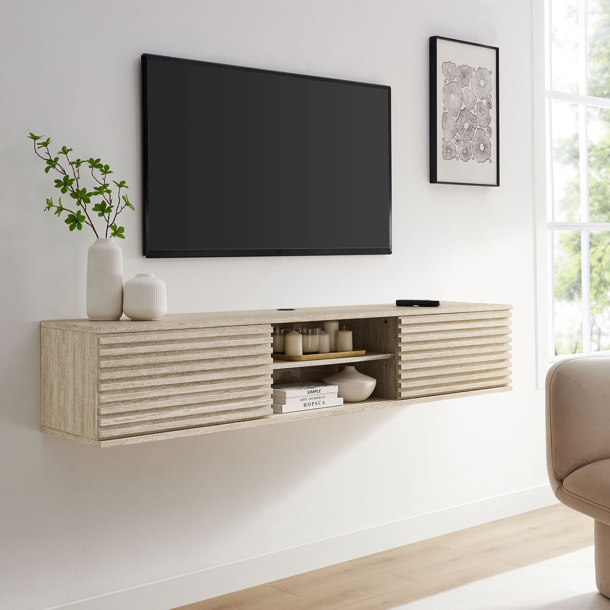 Render 70" Faux Travertine Wall-Mount Media Console TV Stand by Modway