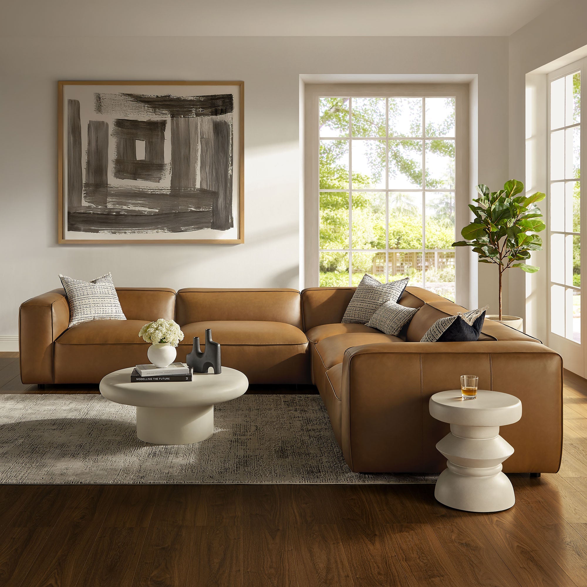 Auren 5-Piece Upholstered Vegan Leather Modular L-Shaped Sofa by Modway