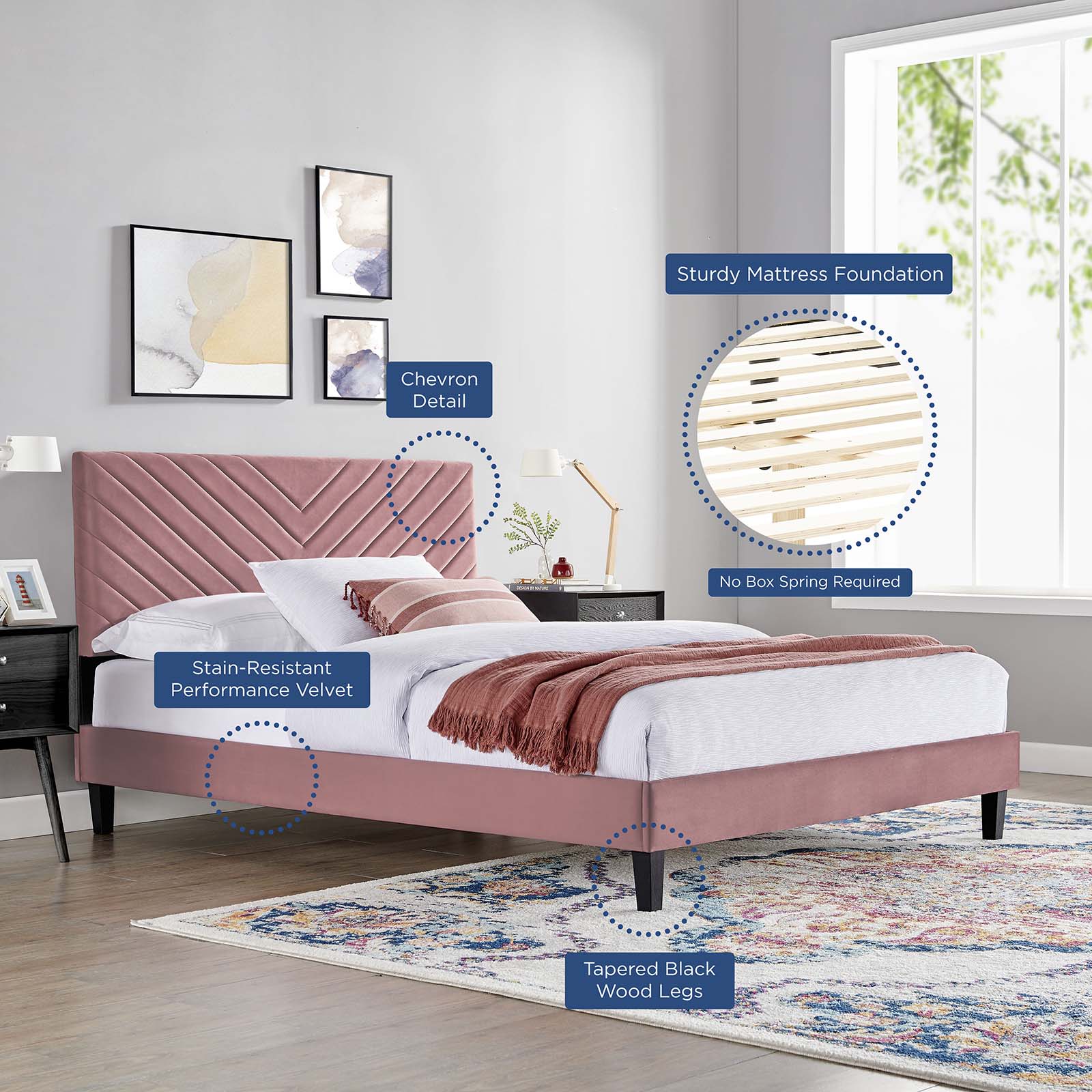 Roxanne Tapered Wood Leg Performance Velvet Queen Platform Bed by Modway