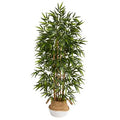 64" Bamboo Artificial Tree with Natural Bamboo Trunks in Boho Chic Handmade Cotton & Jute White Woven Planter