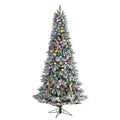 7.5' Flocked British Columbia Mountain Fir Artificial Christmas Tree with 95 Multi Color Globe Bulbs and 1113 Bendable Branches
